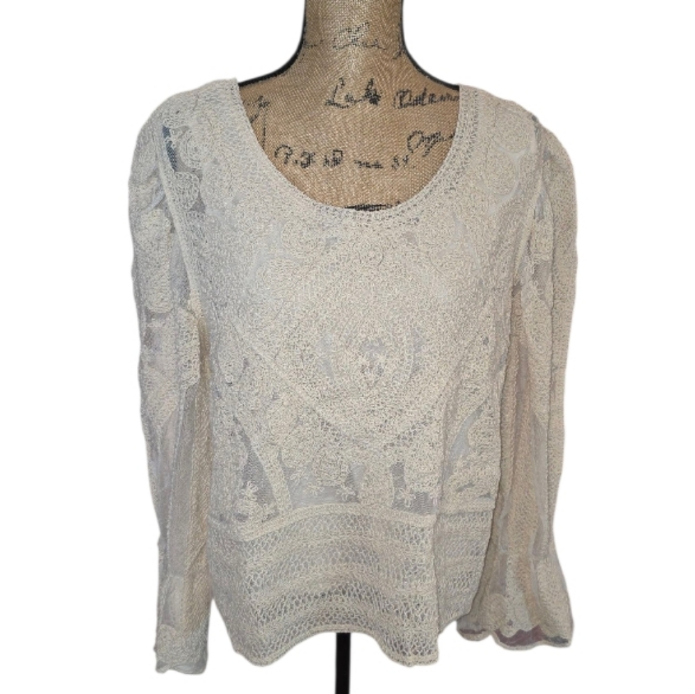 Ultra Pink Cream Lace Embroidered Lantern Long Sleeve Scoop Neck Top Size XL NEW - Picture 2 of 12